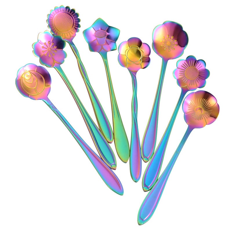AnSaw 8 Pc Rainbow Flower Spoon Set, Stainless Steel Reusable Tea Scoops Stirring Coffee Mixing Sugar Dessert Cake Ice Cream Spoons, 4.9 Inch - Image 1
